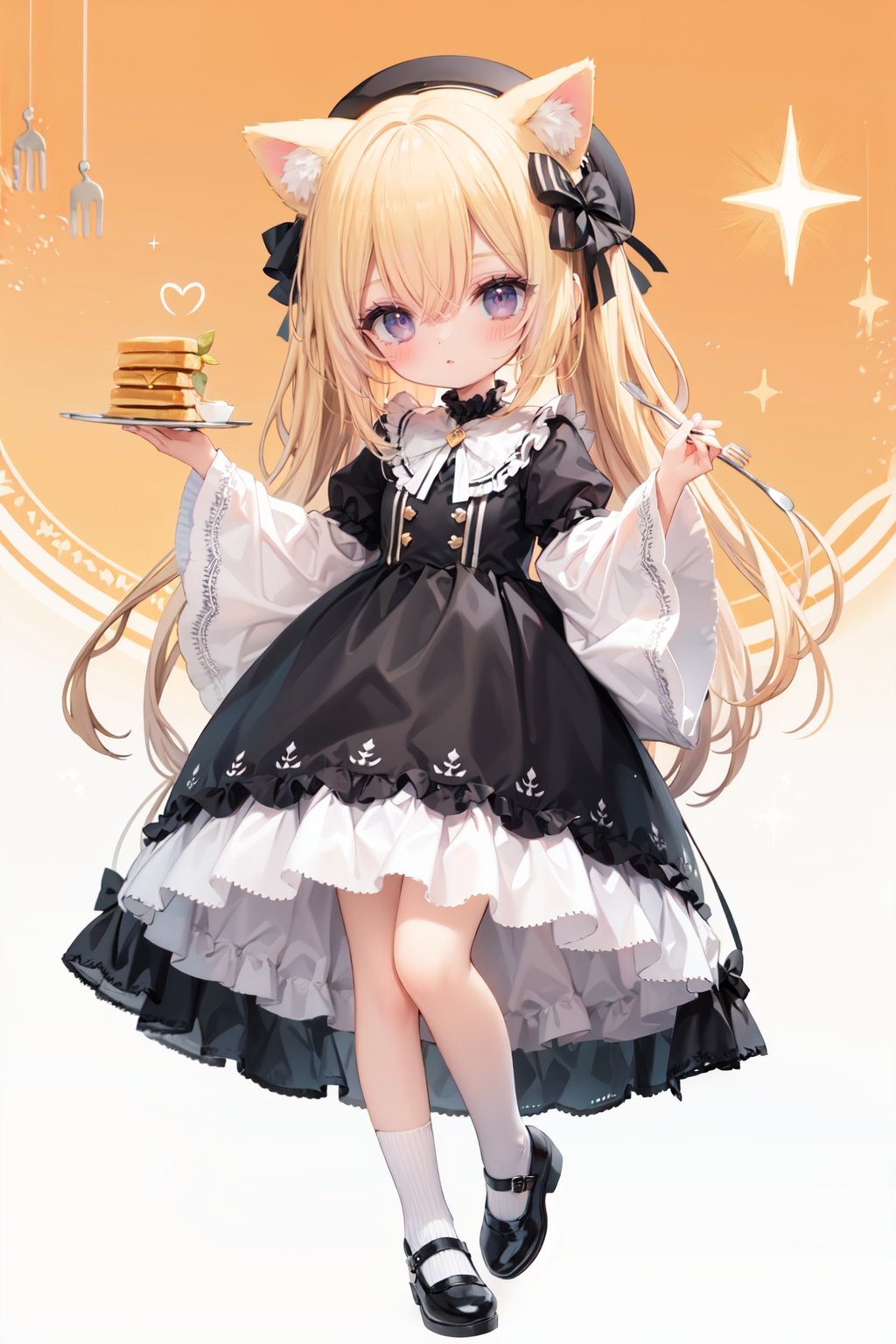 (cinematic lighting),  dreamy atmosphere,  Ray tracing,  (((solo))),  (loli:1.5),  (child:1.5),  (petite:1.5),  green eyes,  (animal ears),  dress,  solo,  food,  blonde hair,  open mouth,  long hair,  pancake,  flower,  holding,  bow,  smile,  fork,  bird,  socks,  looking at viewer,  shoes,  striped background,  holding fork,  bonnet,  striped,  frills,  long sleeves,  :d,  yellow dress,  bangs,  eyebrows visible through hair,  blush,  green nails,  hair bow,  nail polish,  diagonal stripes,  chick,  sparkle,  frilled dress,  orange bow,  fruit,  full body,  :3,  hair between eyes,  green bow,  puffy sleeves,  heart,  lemon,  orange footwear,  animal ear fluff,  white bow,  cat ears,  bobby socks,  orange headwear,  see-through sleeves,  blue background,  striped bow,  hair ornament,  white legwear,  mary janes