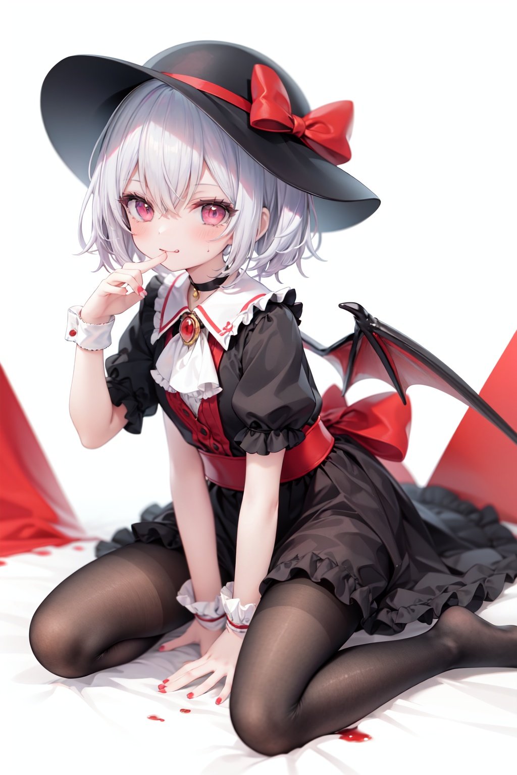 (little girl:1.4), (child:1.4),(petite:1.4), (loli:1.4),,,((solo:1.3)).,1girl, solo, wings, red eyes, hat, remilia scarlet, red background, mob cap, bat wings, ascot, blood, short sleeves, bow, short hair, ribbon, blood on hands, looking at viewer, simple background, full body, puffy sleeves, hat ribbon, blood on face, dress, brooch, red nails, pantyhose, red bow, puffy short sleeves, smile, black pantyhose, wrist cuffs, red ribbon, sitting, jewelry, red ascot, frills, hair between eyes, skirt, white dress, fingernails, sash, shirt, nail polish, no shoes, red theme, sharp fingernails, bangs, tongue, hat bow, grey hair, closed mouth, tongue out, white headwear, slit pupils, blood on clothes, skirt set, hand up, frilled sleeves, invisible chair, white skirt, vampire, frilled shirt collar/.,\nSolo,Battle, {{{{{Slash}}}}},Killing,Attacker,{{Fierce movement}},Ninja,Bloodstain,Core shadow,splatter,{Blood},{{{{Battle scene}}}},angry,Intricate,,{{{Dynamic angle}}},{Stylish pose},{High contrast,Extremely detailed CG unity 8K wallpaper} Sense of movement,blurry background,Kaotic,Lunatic,[[[[[hyper paint, rough design, flat color]]]]],Grin,Whole body,Colorful background,Intricate,Girl wearing black suit,Looking at viewers,{{Stylish}},Persona 5 style art,{{{all out attack(persona 5)}}}