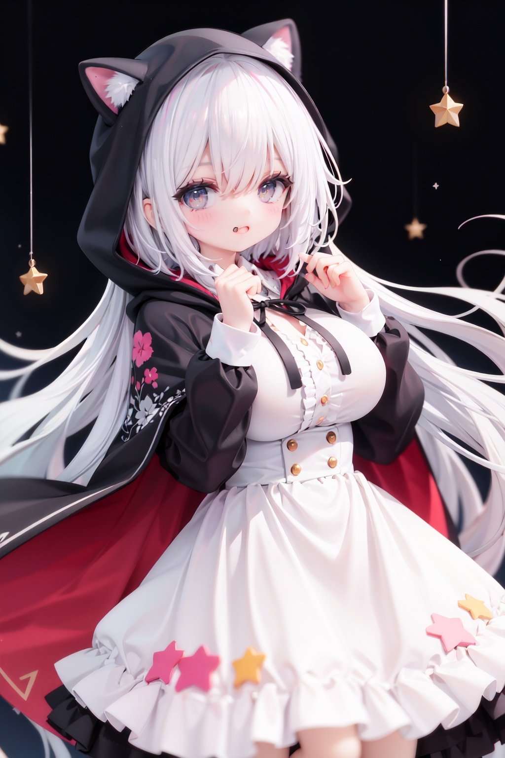 masterpiece, ((best quality)),  dynamic angle, chromatic aberration, ((colorful)),1girl, solo, hood, animal hood, breasts, frills, smile, hood up, yellow eyes, capelet, hair between eyes, blush, dress, long sleeves, looking at viewer, animal ears, large breasts, black ribbon, bangs, puffy long sleeves, :d, frilled dress, hand up, open mouth, white dress, puffy sleeves, hooded capelet, virtual *******r, frilled capelet, fang, white capelet, star (symbol)