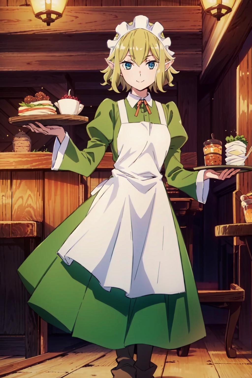 (masterpiece, best quality:1.4),Ryumd,1girl,solo,smile,looking at viewer,holding,holding tray,standing,straight-on,long sleeves,dress,boots,apron,white apron,maid apron,black pantyhose,pantyhose,maid,maid headdress,brown footwear,green dress,fantasy,restaurant,indoors,<lora:RYU-v11:1>,