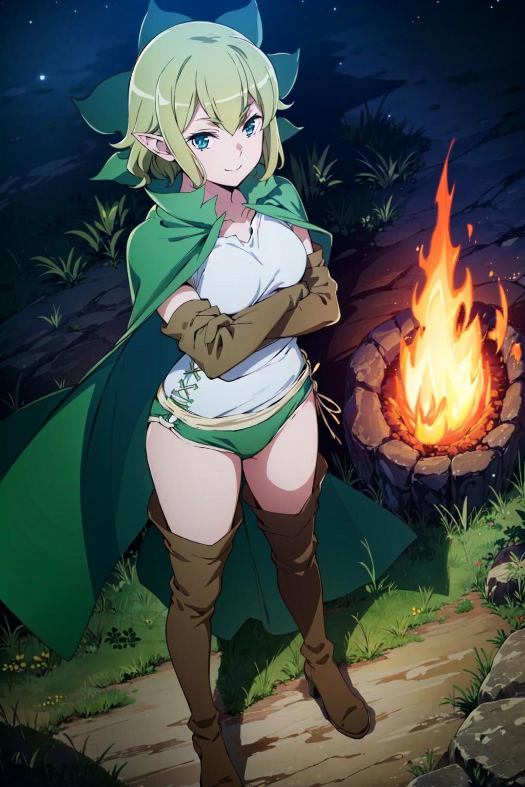 (masterpiece, best quality:1.4),Ryubo,1girl,solo,smile,looking at viewer,crossed arms,standing,(from above:1.2),hood down,cape,shirt,white shirt,panties,green panties,gloves,thigh boots,bonfire,nature,forest,outdoors,night,night sky,<lora:RYU-v11:1>,