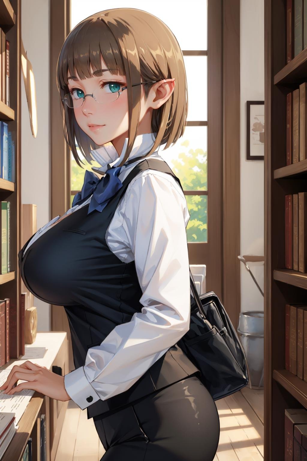 masterpiece, best quality, eina tulle, glasses, bowtie, vest, white shirt, black pants, slight smile, cowboy shot, looking at viewer, large breasts, from side, surprised, library <lora:einatulle-nvwls-v1-000009:0.9>