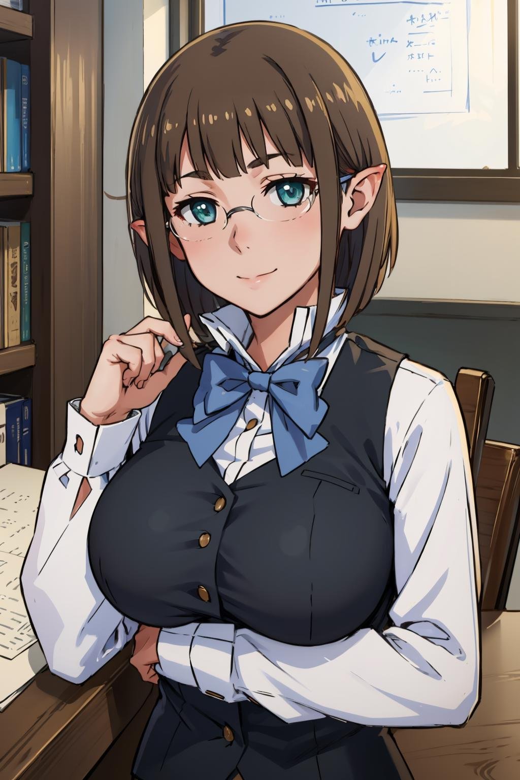 masterpiece, best quality, eina tulle, glasses, bowtie, vest, white shirt, black pants, slight smile, upper body, looking at viewer, large breasts, office, desk <lora:einatulle-nvwls-v1-000009:0.9>