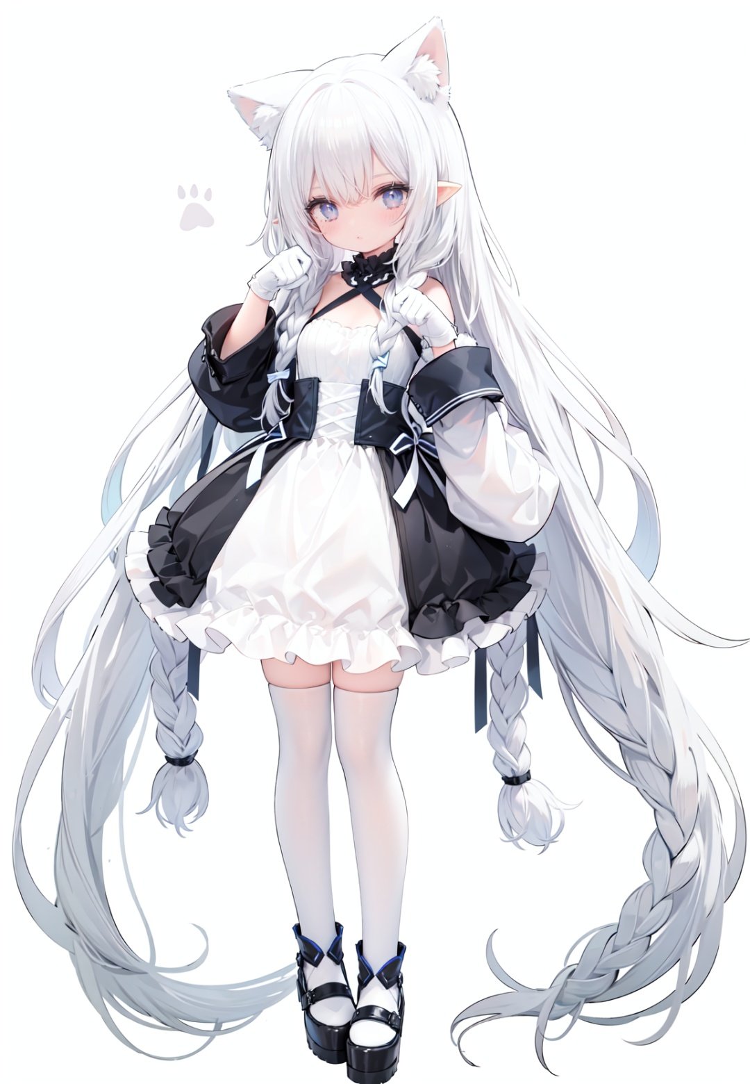 1girl, white_gloves, braid, full_body, gloves, long_hair, official_alternate_costume, pointy_ears, simple_background, solo, standing, very_long_hair, white_background,white hair,blue eyes,paw claw pose, open_mouth,