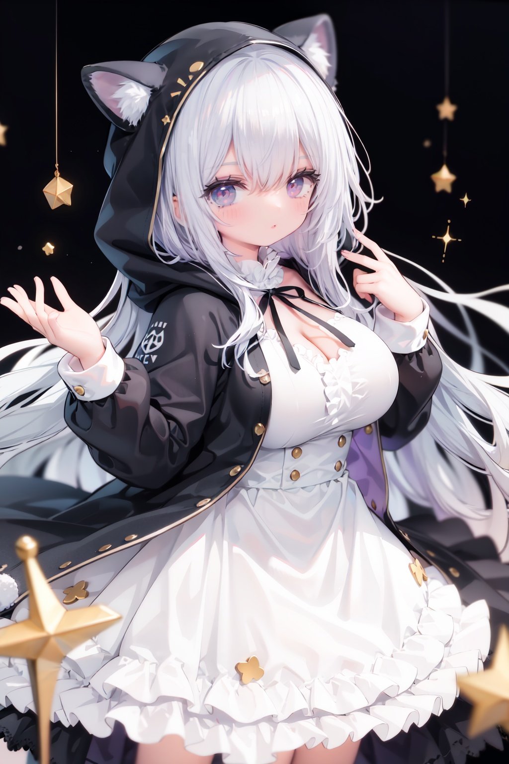 masterpiece, ((best quality)),  dynamic angle, chromatic aberration, ((colorful)),1girl, solo, hood, animal hood, breasts, frills, smile, hood up, yellow eyes, capelet, hair between eyes, blush, dress, long sleeves, looking at viewer, animal ears, large breasts, black ribbon, bangs, puffy long sleeves, :d, frilled dress, hand up, open mouth, white dress, puffy sleeves, hooded capelet, virtual *******r, frilled capelet, fang, white capelet, star (symbol)