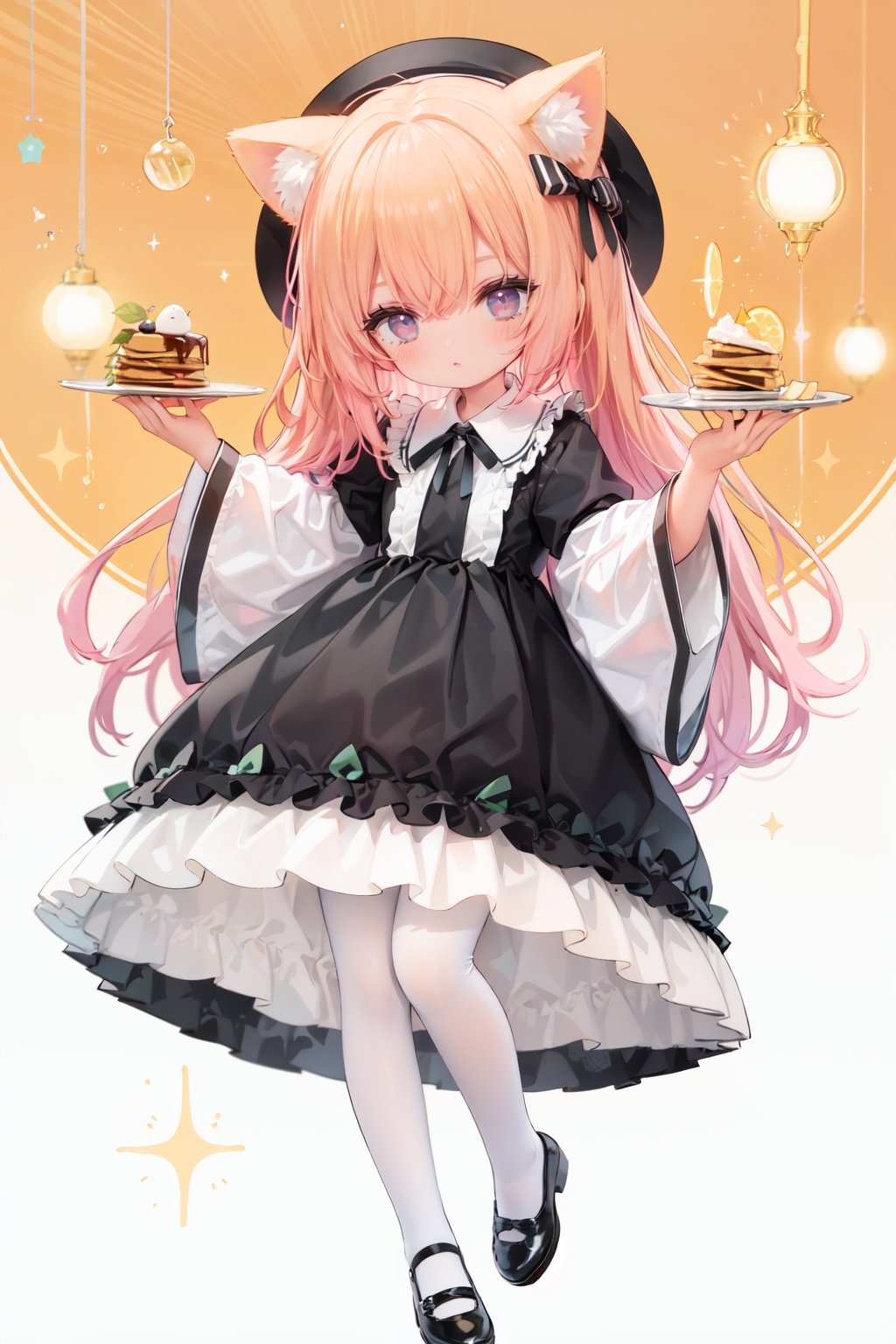 (cinematic lighting),  dreamy atmosphere,  Ray tracing,  (((solo))),  (loli:1.5),  (child:1.5),  (petite:1.5),  green eyes,  (animal ears),  dress,  solo,  food,  blonde hair,  open mouth,  long hair,  pancake,  flower,  holding,  bow,  smile,  fork,  bird,  socks,  looking at viewer,  shoes,  striped background,  holding fork,  bonnet,  striped,  frills,  long sleeves,  :d,  yellow dress,  bangs,  eyebrows visible through hair,  blush,  green nails,  hair bow,  nail polish,  diagonal stripes,  chick,  sparkle,  frilled dress,  orange bow,  fruit,  full body,  :3,  hair between eyes,  green bow,  puffy sleeves,  heart,  lemon,  orange footwear,  animal ear fluff,  white bow,  cat ears,  bobby socks,  orange headwear,  see-through sleeves,  blue background,  striped bow,  hair ornament,  white legwear,  mary janes