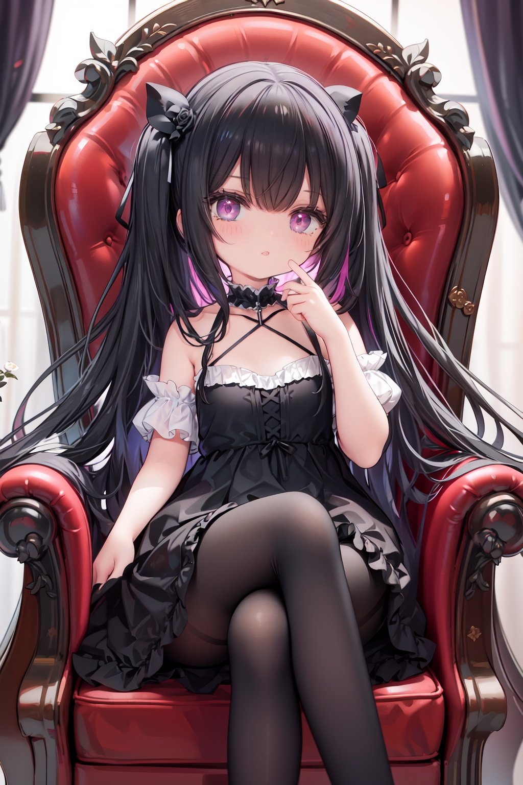 masterpiece, ((best quality)), (ultra-detailed), (illustration), an extremely delicate and beautiful girl, dynamic angle, chromatic aberration, ((colorful)),//,1girls,loli,(petite child:1.1),//,(in Gothic castle),girl with black hair,red eyes,Vertical pupil,long hair,hair arrangement,(Detailed face description),(batwing),(Gothic Lolita),(bat tail),alccandlestick,Cathedral glass,,short skirt,black pantyhose,red lace,high heels,rose tattoo,throne,sitting,crossed legs,//,