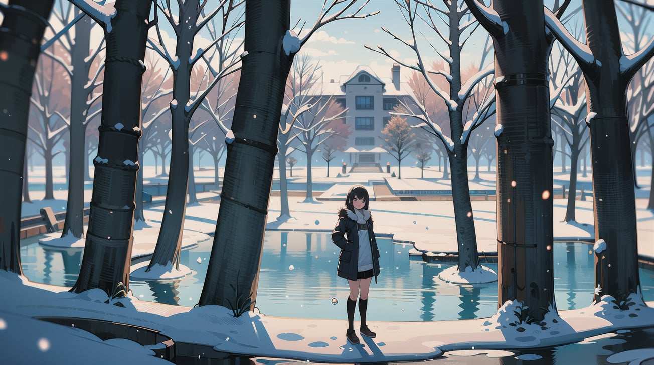 (masterpiece,best quality:1.6), Anime, highres, 4k, 8k, Detailed Illustration, intricate detail, cinematic lighting, amazing quality, 1girl, amazing shading, soft lighting, perfect eyes(solo,1girl,bishoujo,bust:1.2), black hairoctans, scenery, upper body, full body, outdoors, solo, cloud, sky, tree, water, blue sky, nature, cloudy sky, grass, forest, dusk, fog mouth, lens flare, snow, oversized fur coat, smiling, playing in the snow, snow falling, outdoors, snowy woods, breath, cold