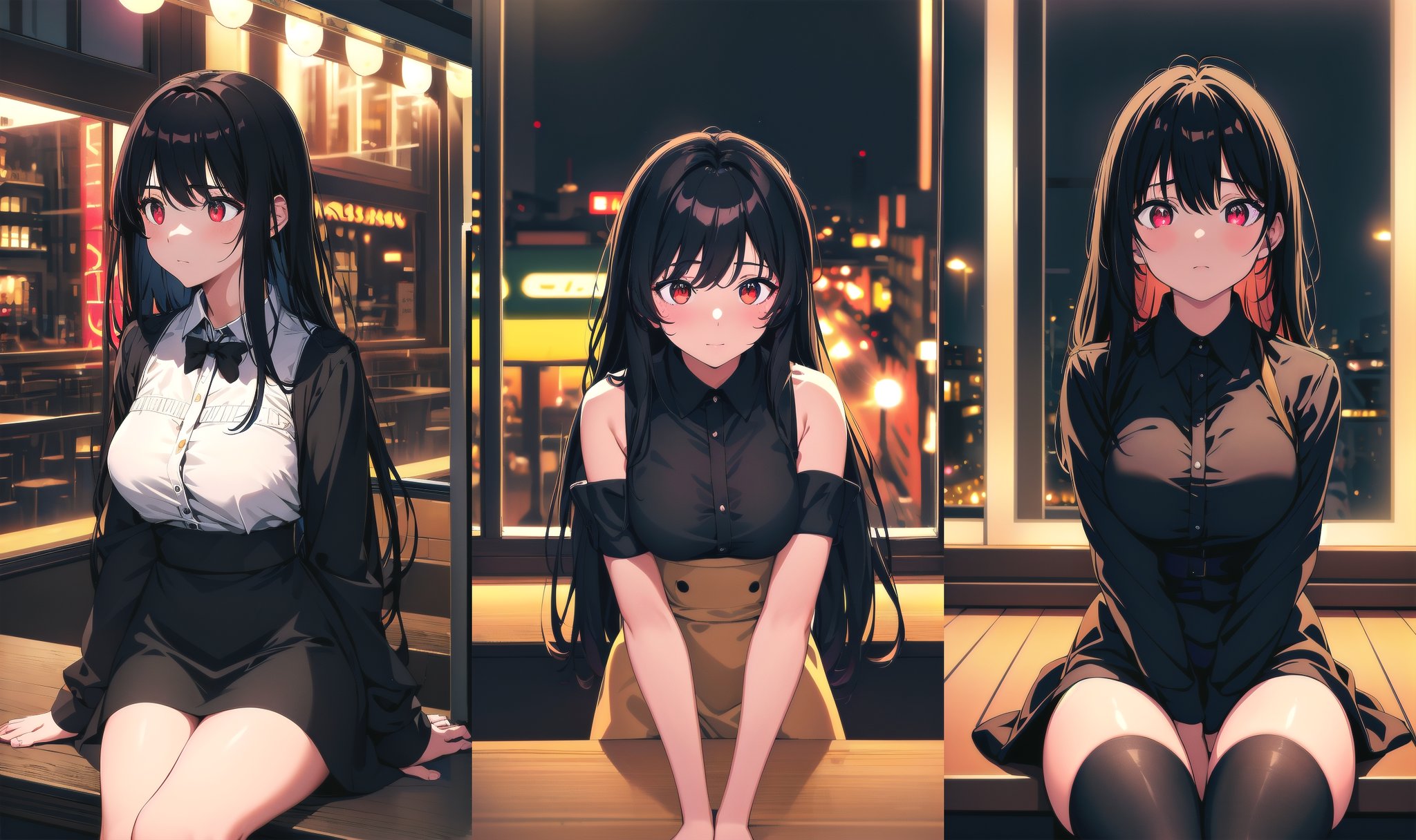 (ultra detailed,ultra high res,detailed background),(night),(distant),chiaroscuro,cafe,indoors,solo focus,streetspace,neon lights,pov,(by the window),1girl,sideways,facing away,(looking away),black hair,long hair,distracted,sitting,black collared shirt,(arm support),