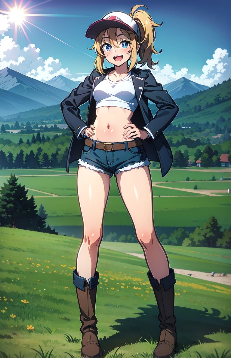 masterpiece, best quality, Anime, smile, open mouth, upper teeth, blush, hands on hips,1girl, forehead, side ponytail, jacket, short shorts, navel, solo, very long hair, full body, boots, visor cap, sky, sun, mountain, forest, grasslands