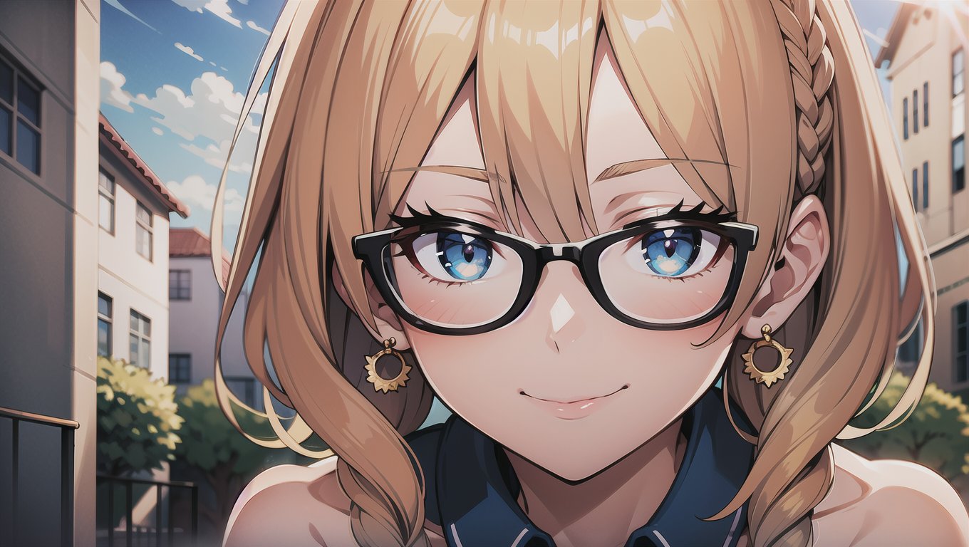 masterpiece, best quality, upper body, 1girl, solo, bangs, blonde hair, blue eyes, braid, closed mouth, earrings, eyebrows visible through hair, glasses, hair between eyes, jewelry, looking at viewer, smile, cloudy sky, street, sun