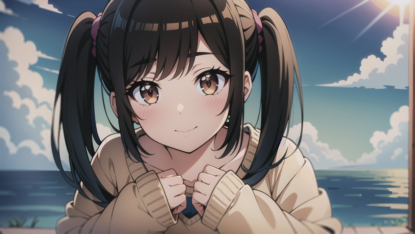 masterpiece, Anime, best quality, 1girl, bangs, black hair, blush, brown eyes, closed mouth, collarbone, eyebrows visible through hair, gradient, long sleeves, looking at viewer, sleeves past wrists, solo, sweater, twintails, upper body, white sweater, cloudy sky, sun