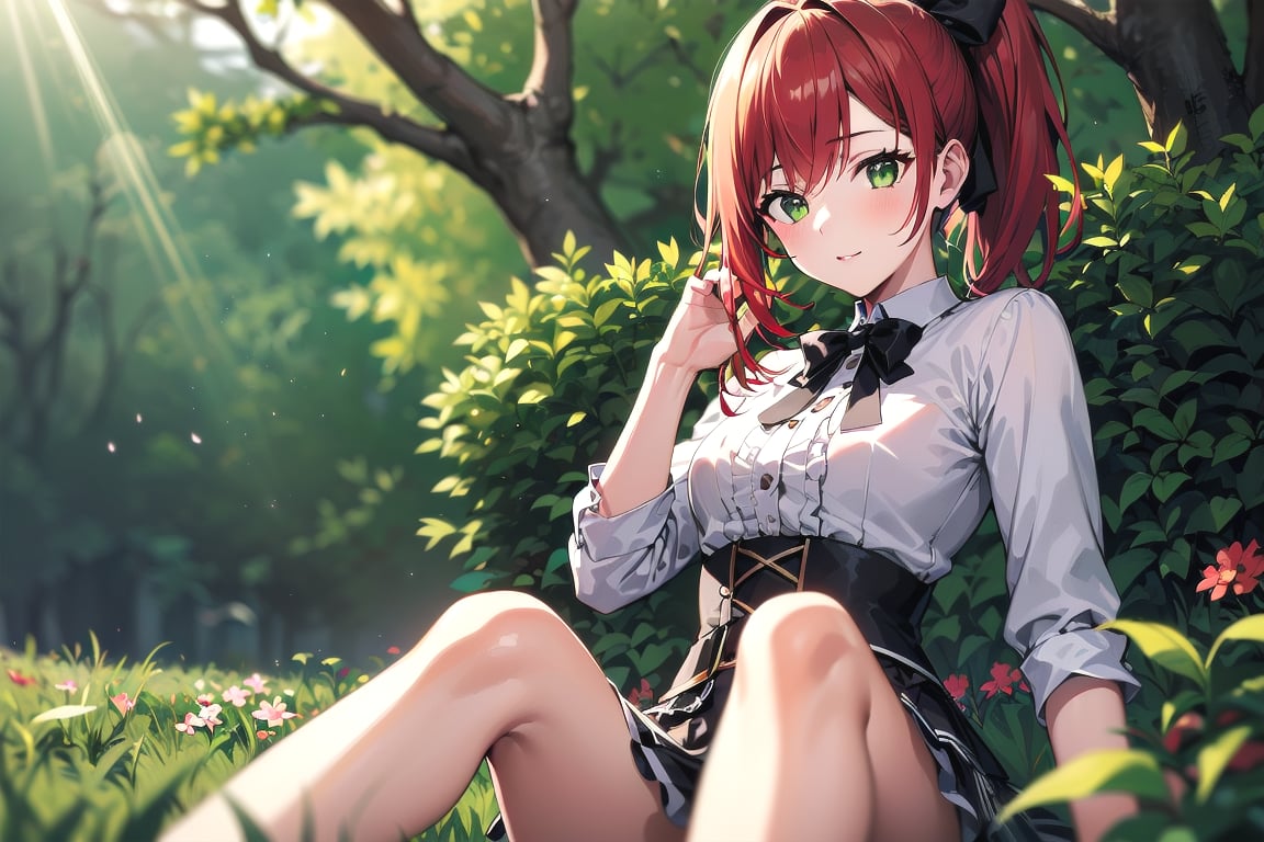 ((ultra detailed,ultra high res,detailed background)),1girl with short ponytail red hair sitting in a field of green plants and flowers, black ribbon, her hand under her chin, warm lighting, white dress, blurry foreground