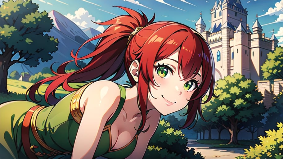 masterpiece, best quality,  Anime, (smile:1.3) 1girl, cleavage, green eyes, leaf, short hair, ponytail, looking at viewer, plant, red hair, smile, solo, vines, dress, forest, sky, mountain, (castle on the mountain:1.8)