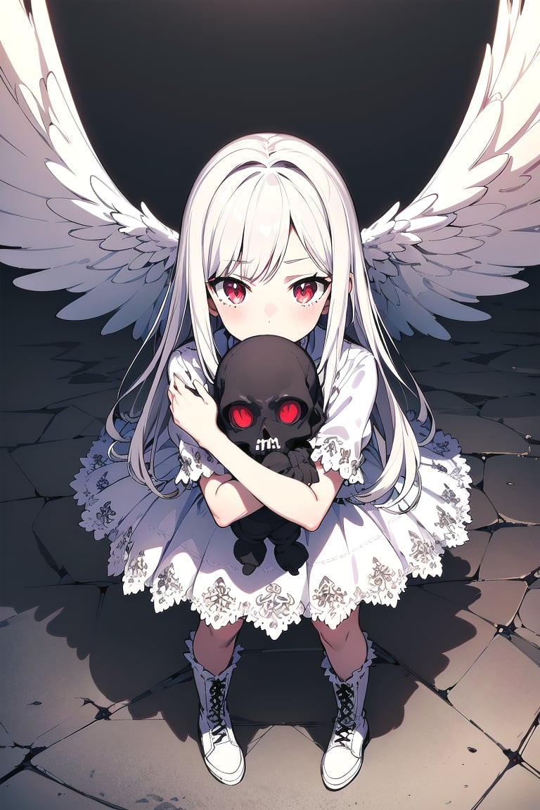 (masterpiece, Anime, absurd quality, best quality, official art, beautiful and aesthetic:1.2), (1 small girl:1.4), extreme detailed, (fractal art:1.3), colorful, highest detailed, vivid color, from above, angel, albino, babyface, hugging the skull, dark light, fluffy white frilly dress, white lace-up short boots, fluffy angel wings, pure white long hair, beautiful detailed red eyes, glaring at viewer, lots of skulls,