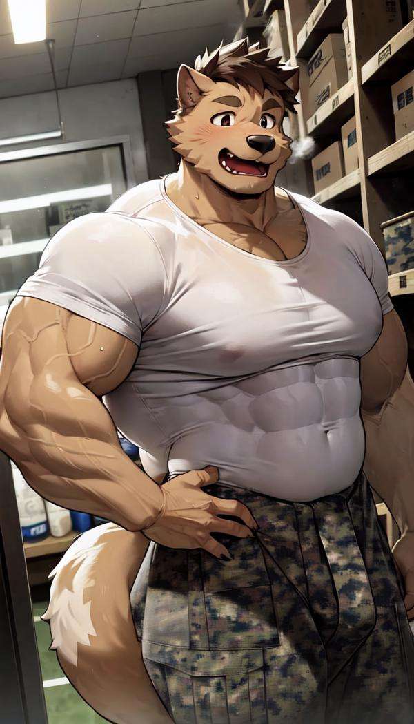 (masterpiece:1.4), (best quality:1.2), 4k, UHD, high resolution, anime art style, (furry:1.2), extremely very tall, asian, bara, macho, (detailed big muscle:1.5), (long:1.6), warehouse, (very tall:1.2) + long, mature male, manly, beefy, bodybuilder, (military:1.2), (camouflage:1.7) + (shirts:1.4), pants, thick body + long, muscular, large pectoral, large arm, large forearm, large hands, abs + long + ripped, thick thigh, [[fat man]], (perfect eyes), (finely detailed eyes), perfect face + manly + small, (tiny head:1.2), very long neck, (hairy:1.1), (short:-0.7), beard, thick eyebrows, <lora:kumak71395Style_kumak71395V1:0.5>, animal ears, (handsome face!), extremely very tall, (extremely long body:1.2), tiny_head, animal tail