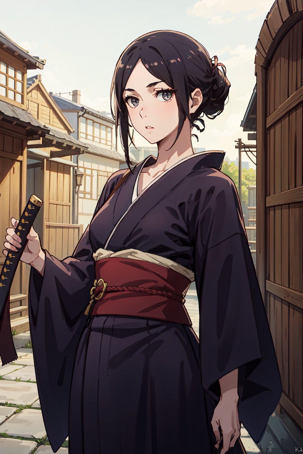 (masterpiece,  best quality),  1girl,  solo,  looking at viewer,  woman,  black hair,  grey eyes,  kimono,  katana,  hairstyle tail on the side,  dojo in background masterpeace,  best quality,  (extremely detailed:1.2), <lora:EMS-50705-EMS:0.450000>, , <lora:EMS-2732-EMS:0.500000>