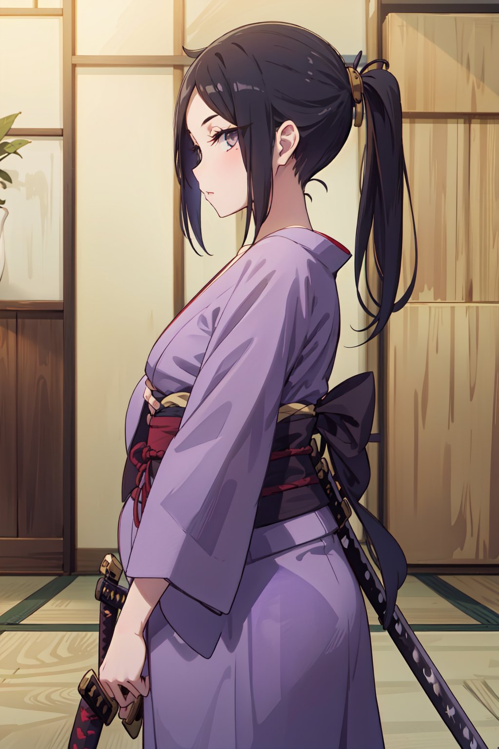 (masterpiece,  best quality),  1girl,  solo,  looking at viewer,  woman,  black hair,  grey eyes,  (light purple kimono),  off-shoulder kimono,  holding katana,  katana,  hairstyle tail on the side,  ponytail,  dojo in background,  best quality,  (extremely detailed:1.2),  (good katana:1.5),  from side,  side view, <lora:EMS-50705-EMS:0.550000>, , <lora:EMS-2732-EMS:0.500000>