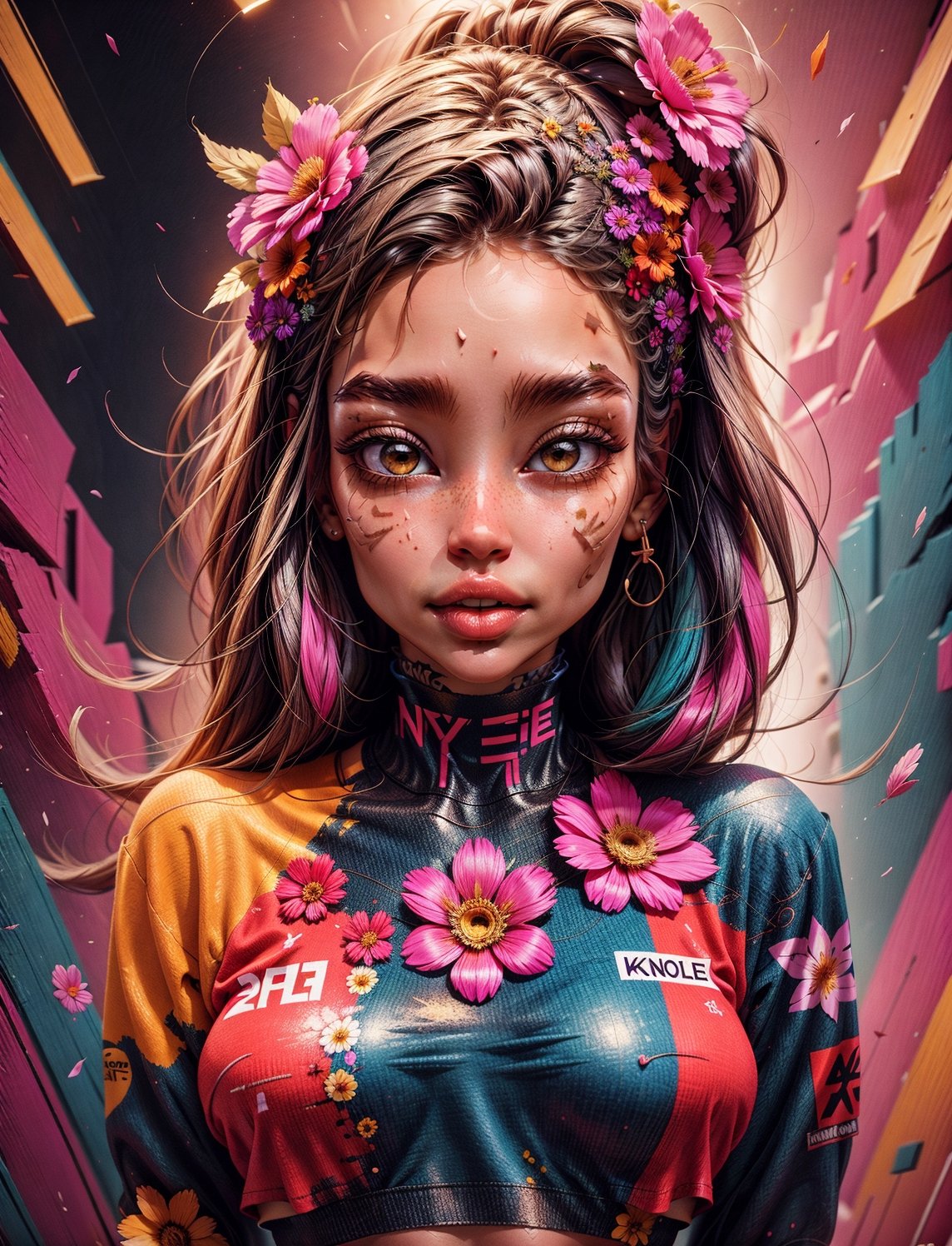 masterpiece, best quality, official art, aesthetic, 1girl, explosion, crop tee, knolling, detailed background, isometric, psychedelia art, flower, fractal art,cartoon,High detailed 