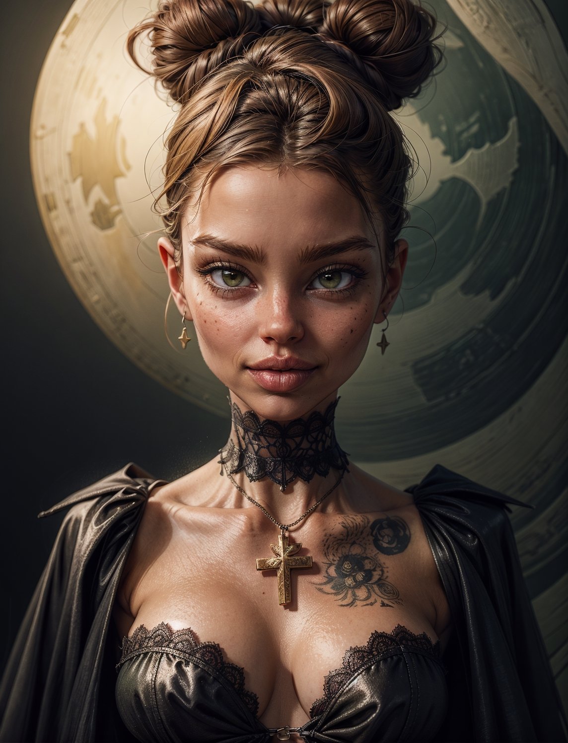 highres, masterpiece, perfect lighting, bloom, cinematic lighting, adult, female, looking at viewer, (RSEEmma:1.5), edgcorset, belts, buckles, harness, chains,  small breasts, blunt bangs, green hair, twin buns, (piercings, tattoos), full lips, :), smile   dark makeup, pale complexion, black clothing, lace, choker, cross pendant, gloomy, melancholic, mysterious, brooding, ethereal, haunting, elegant, Victorian, cemetery, moonlight, enchanting, introspective, dramatic, macabre, romantic, eerie, witchy, velvet, mystical