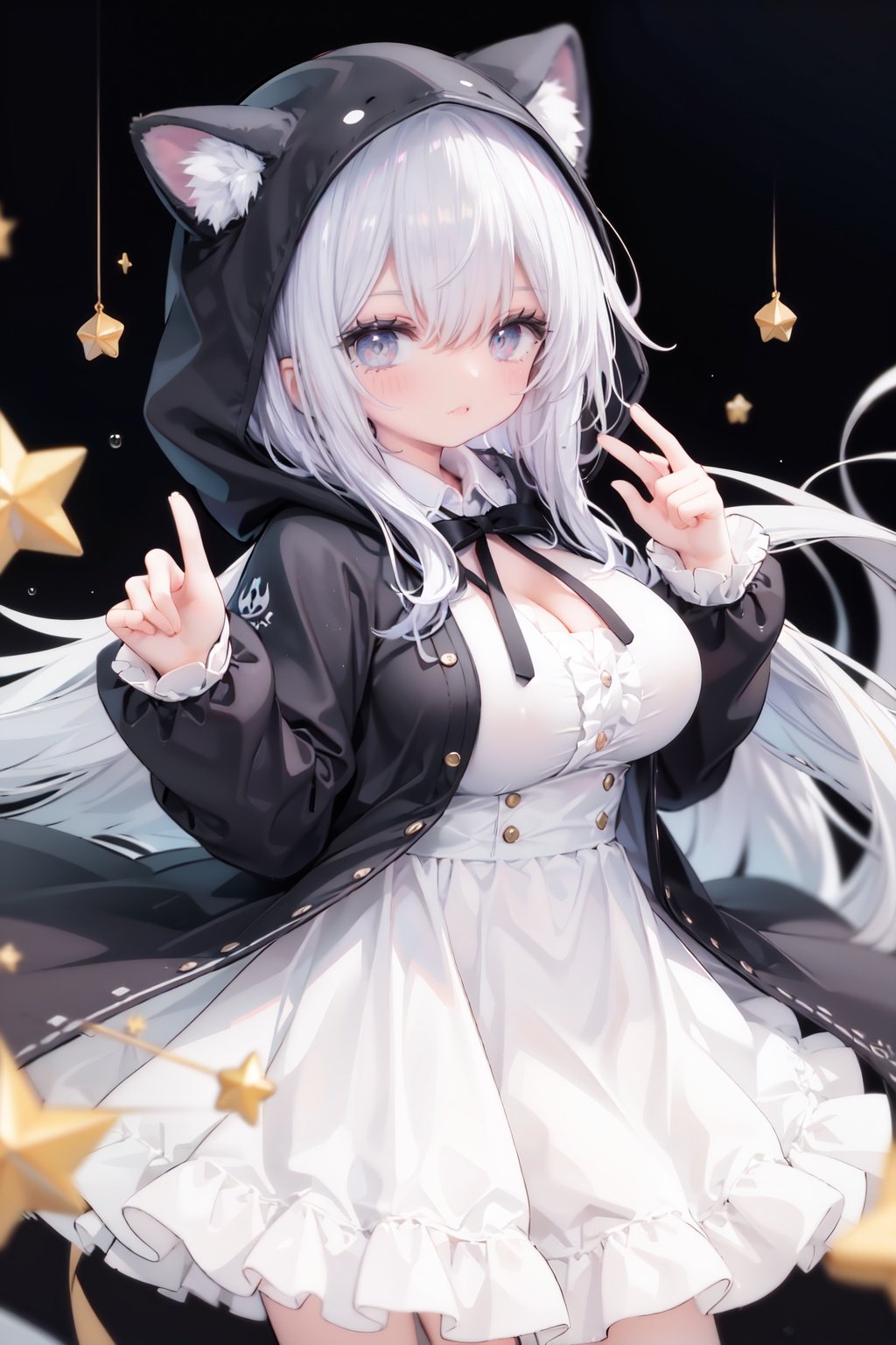 masterpiece, ((best quality)),  dynamic angle, chromatic aberration, ((colorful)),1girl, solo, hood, animal hood, breasts, frills, smile, hood up, yellow eyes, capelet, hair between eyes, blush, dress, long sleeves, looking at viewer, animal ears, large breasts, black ribbon, bangs, puffy long sleeves, :d, frilled dress, hand up, open mouth, white dress, puffy sleeves, hooded capelet, virtual *******r, frilled capelet, fang, white capelet, star (symbol)