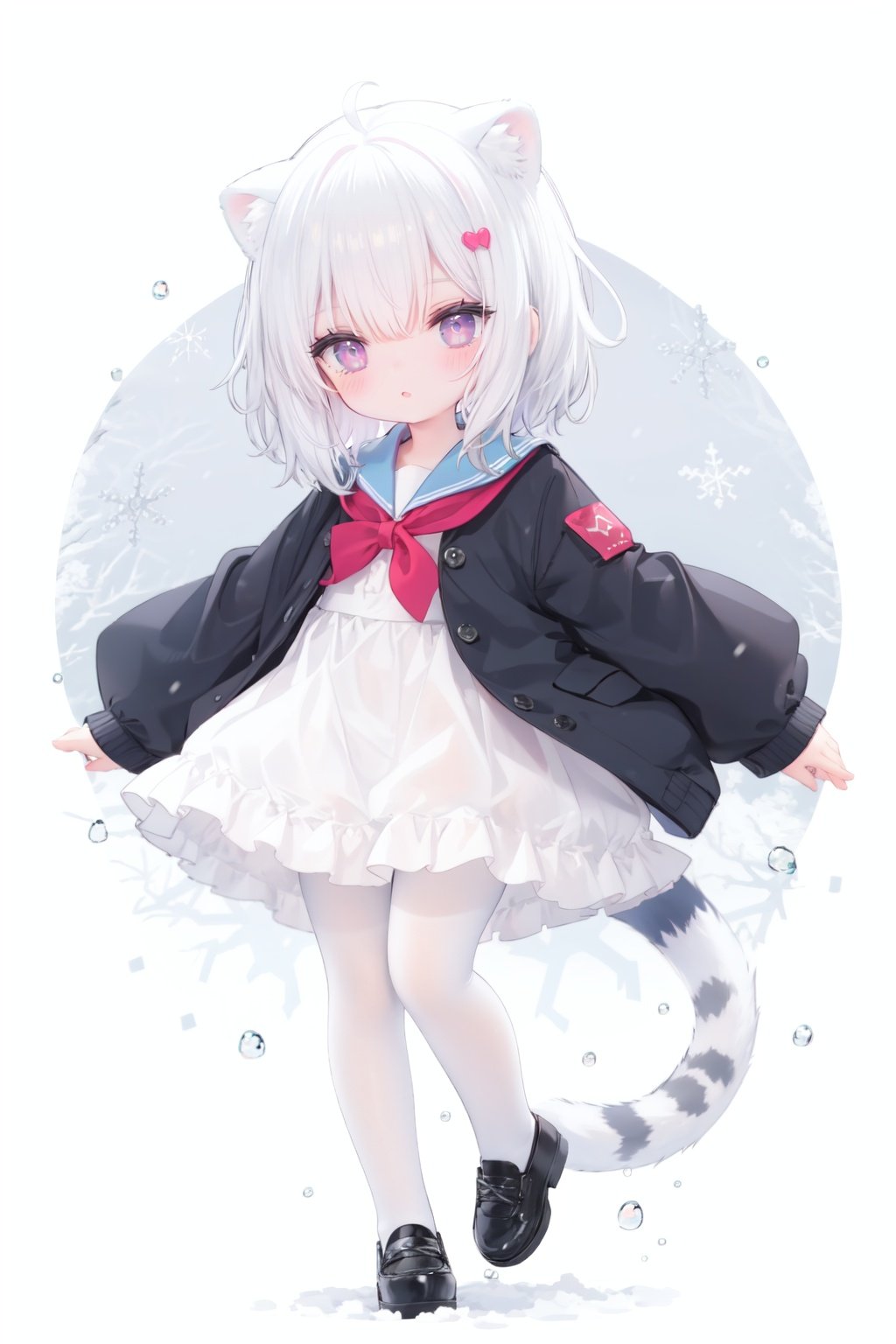 cute,Infant,solo blue shirt,blue sailor coat,loli,full body,white hair,snow leopard ear,white background,pink eyes,laugh,happy,white pantihose,white pantyhose,red armband,