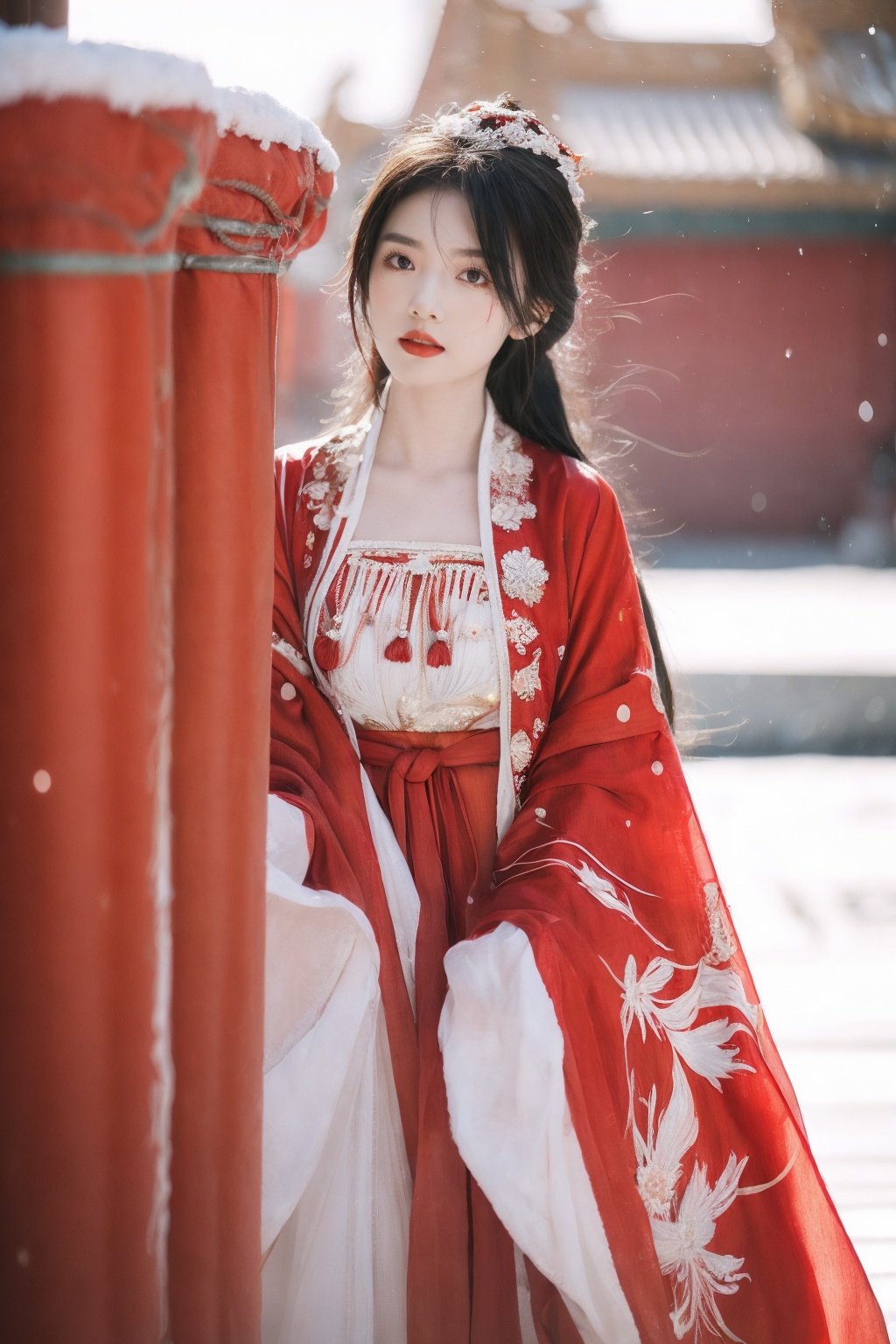 Blur, depth of field,arien_hanfu,1girl,red style,looking at viewer,sunlight, snow, hanfu,full body,  <lora:hanfu_dress3-000005:0.8>