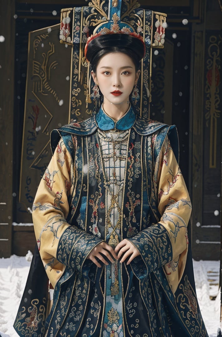 qch_xy,hanfu,1girl,jewelry,earrings,solo,black hair,looking at viewer,long sleeves,red lips,dress,holding,lips,black eyes,cross,chinese clothes,makeup,hair ornament,updo,cowboy shot,best quality,best quality,masterpiece,realistic,HDR,2K,(snow,water:1.4),<lora:qfzhuang-000008:0.8>,<lora:daoshi:0.6>,