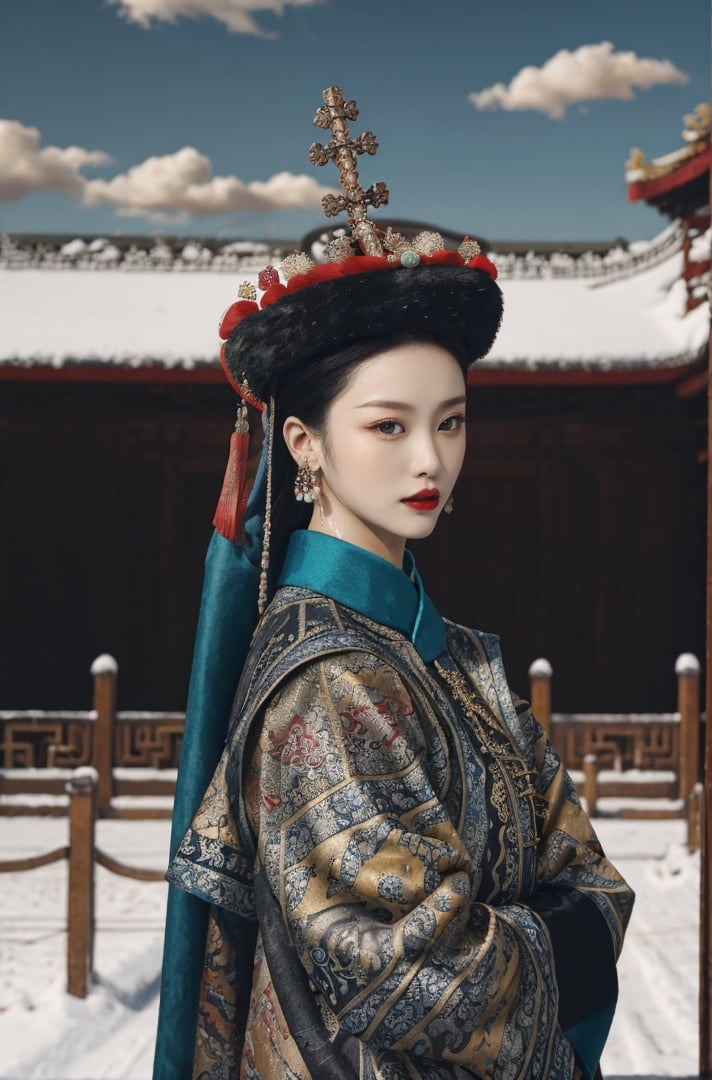 food focus,food,sky,still life,day,outdoors,cloud,blurry,qch_xy,hanfu,1girl,jewelry,earrings,solo,black hair,looking at viewer,long sleeves,red lips,dress,holding,lips,black eyes,cross,chinese clothes,makeup,hair ornament,updo,cowboy shot,best quality,best quality,masterpiece,realistic,HDR,2K,realistic,(snow,water:1.4),<lora:qfzhuang-000008:0.8>,