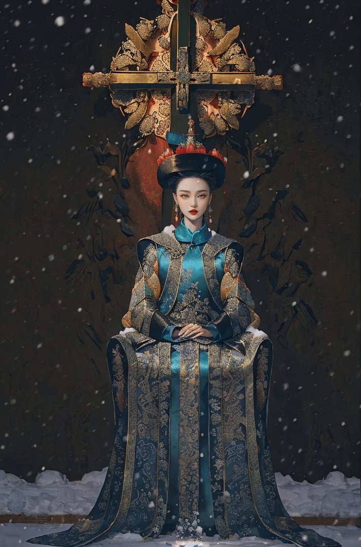 qch_xy,hanfu,1girl,jewelry,earrings,solo,black hair,looking at viewer,long sleeves,red lips,dress,holding,lips,black eyes,cross,chinese clothes,makeup,hair ornament,updo,cowboy shot,best quality,best quality,masterpiece,realistic,HDR,2K,(snow,water:1.4),<lora:qfzhuang-000008:0.8>,<lora:huafeng-000016:0.8>,