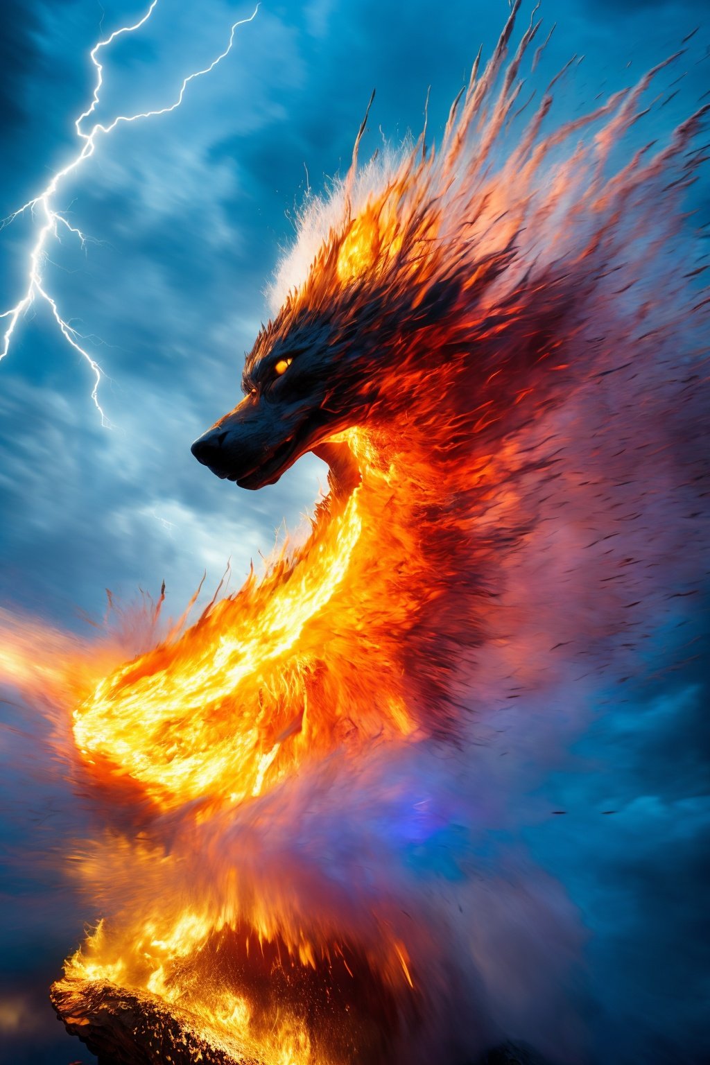 A thunder wolf formed by lightning dances in the double-edged sword,intricate details, explosion, chaos, lightning, debris, 8k, hyper detailed, magical and epic, epic light, concept and film art, t-shirt design, the most perfect and beautiful image ever created. Image taken with the Sony A7SIII camera. 8k photo cinematic, cinematic, photo, typography,Splash