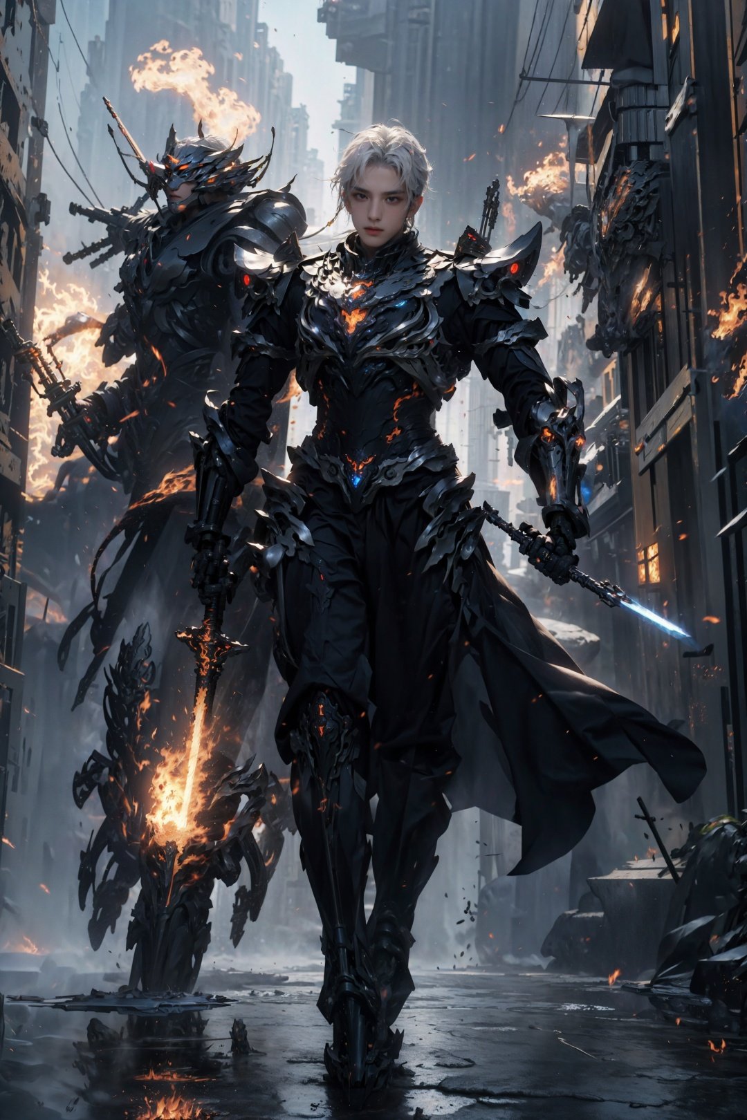 (best quality),(masterpiece),an extremely delicate and handsome boy,official art,ultra-detailed,light on face,
((A mecha boy holding a sword in hand)),(white floating hair),(black mecha),dynamic pose,Mecha all,yuhuoshu,fire,(the ring of fire),(Filled with fire energy),machinery,robot,1boy,swordsman