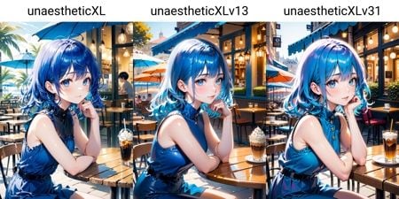 1girl, solo,  blue, jet, very short, lightly curled inwards hair, hair, cafe terrace,