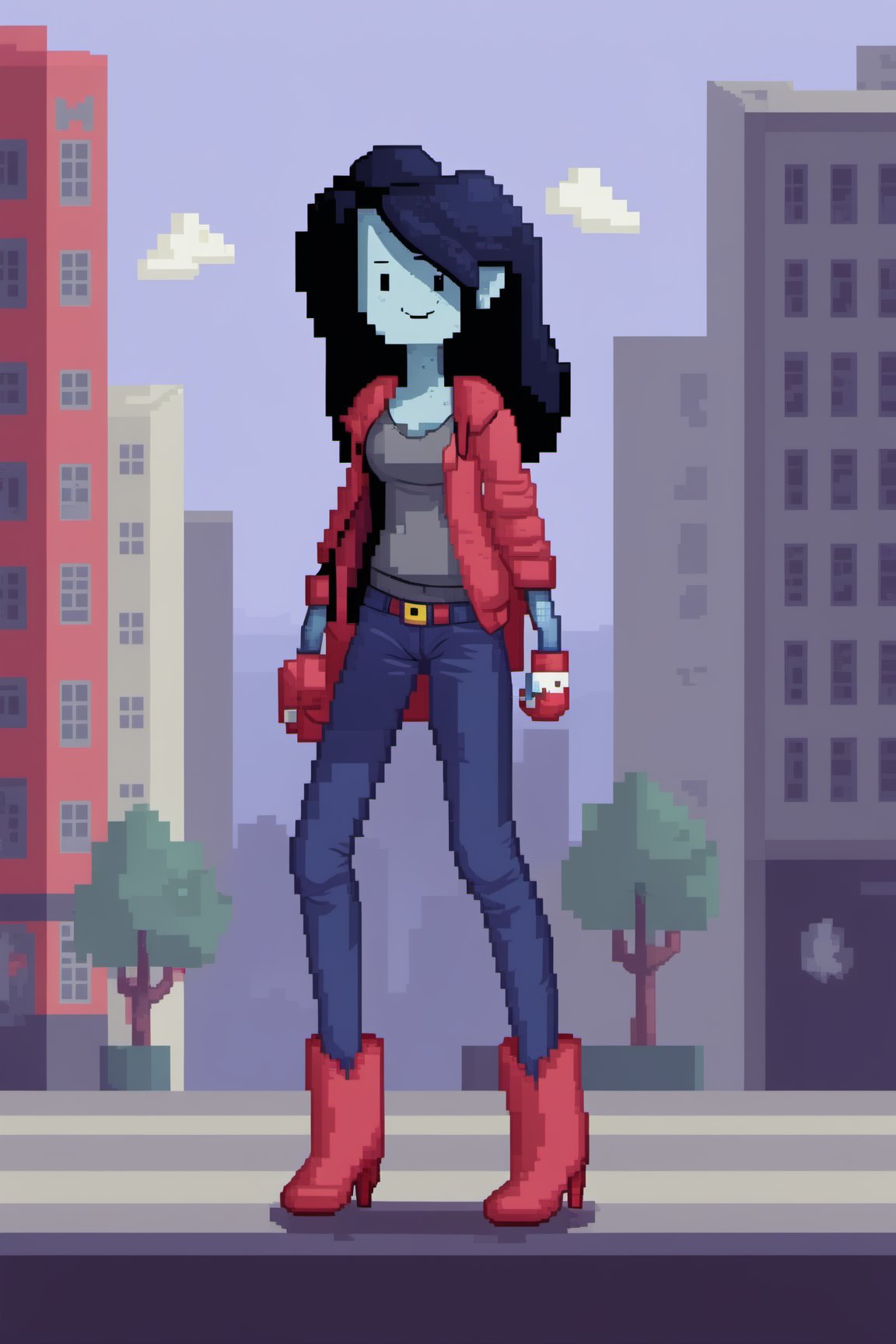 Full body Pixel art style image of Marceline from Adventure Time wearing casual clothing,  pixel style,  In a city,  background of tall pixel style buildings, <lora:EMS-50772-EMS:1.000000>, , <lora:EMS-42849-EMS:0.800000>