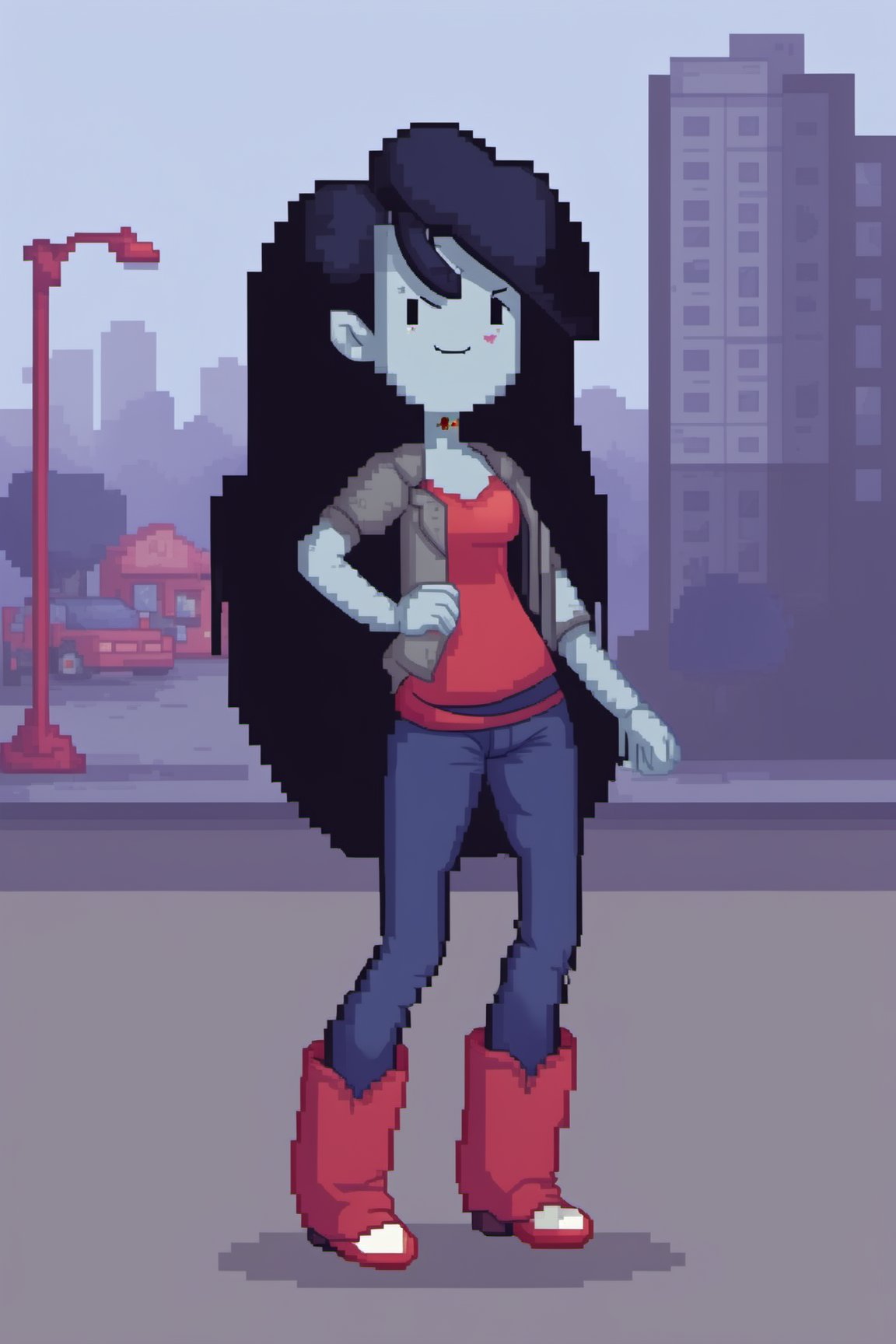 Full body Pixel art style image of Marceline from Adventure Time wearing casual clothing,  pixel style,  In a city,  background of tall pixel style buildings, <lora:EMS-50772-EMS:1.000000>, , <lora:EMS-42849-EMS:0.800000>