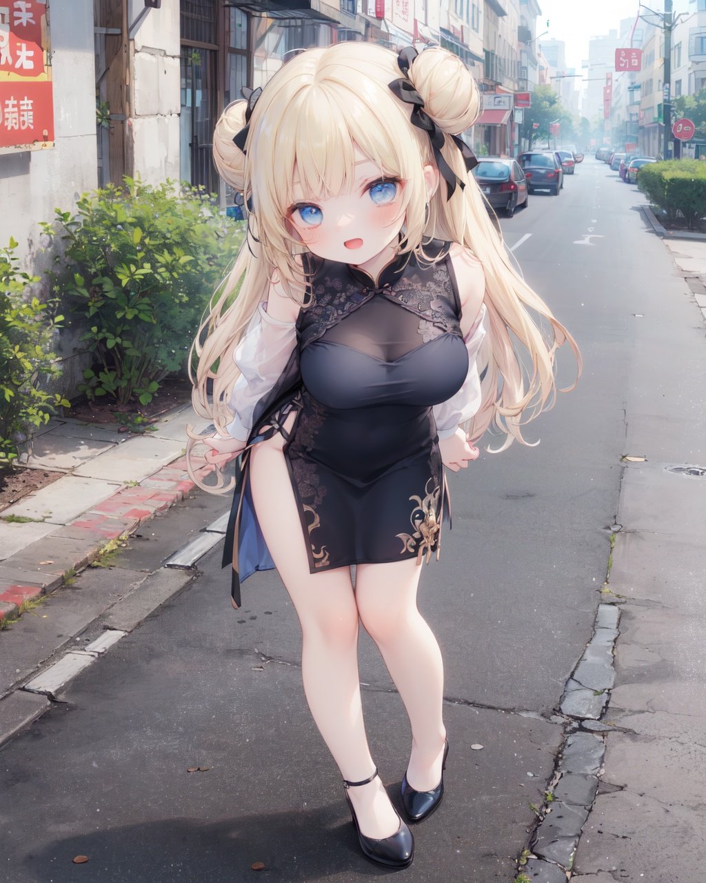 hair ribbon,buns, blonde hair, blue eyes, large breasts,long hair, bangs,looking at viewer, long sleeves, blush, stray hair,smile, open mouth, wink,Simple backgroundchina_dress, standing,full_body,arms behind back, leaning forward,bare legs,high heels