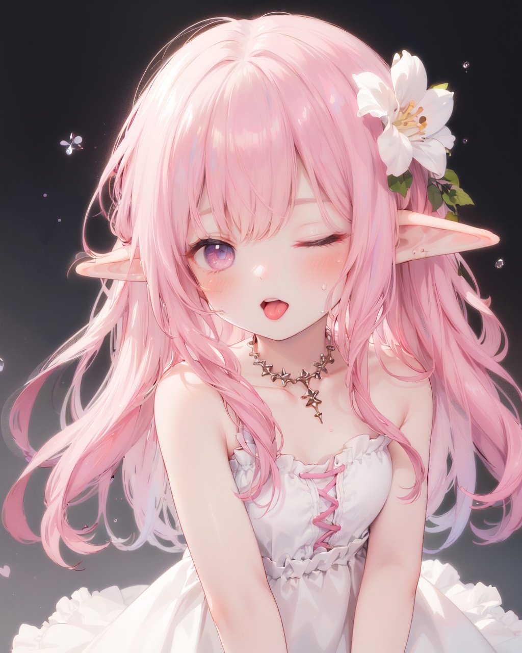 1girl, solo,simple background,white background,

looking at viewer,blush,

close range,arm down,

white dress,strapless,

pink hair,eyes closed, pointy ears, long hair, hair flower, Lateral hair,elf,

light smile,open mouth,standing,upper body,tongue,close-up,from above,sweat,frown