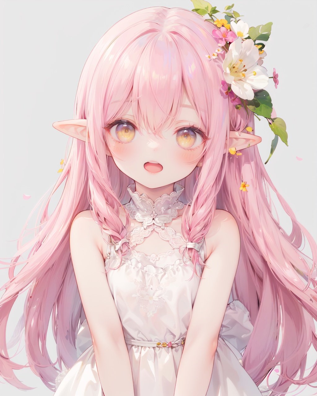 1girl, solo,simple background,

looking at viewer,blush,

bare arms, bare shoulders,

close range,arm down,

pink hair, yellow eyes, hair cover one eye, pointy ears, long hair, hair flower, Lateral hair,elf,

light smile,open mouth, winking, standing,upper body,