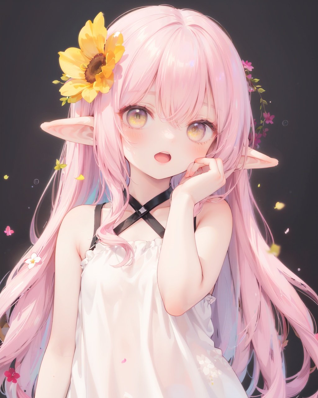 1girl, solo,simple background,

looking at viewer,blush,

bare arms, bare shoulders,

close range,arm down,

pink hair, yellow eyes, hair cover one eye, pointy ears, long hair, hair flower, Lateral hair,elf,

light smile,open mouth, winking, standing,upper body,