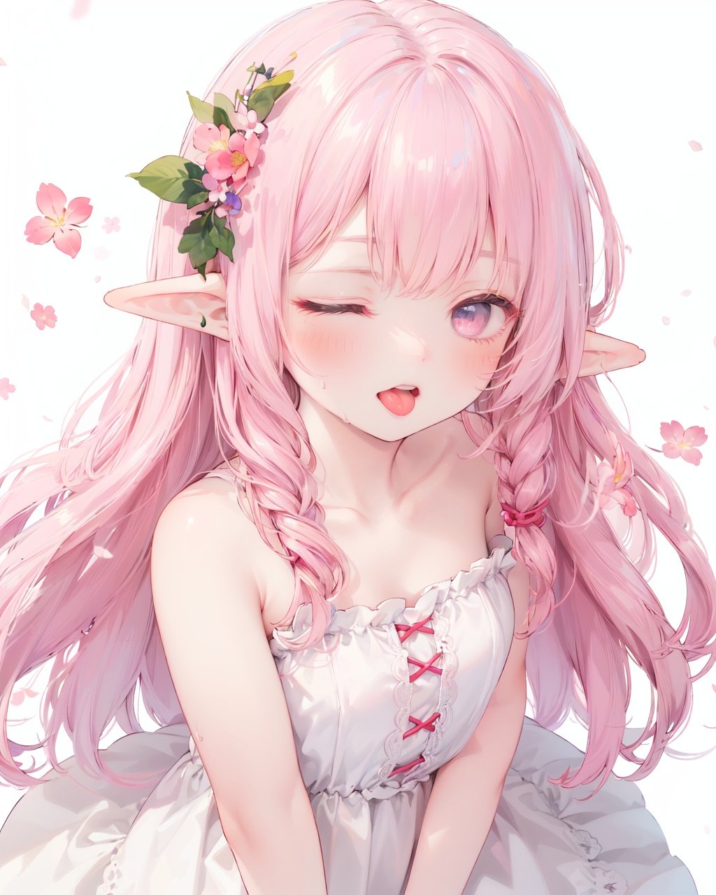 1girl, solo,simple background,white background,

looking at viewer,blush,

close range,arm down,

white dress,strapless,

pink hair,eyes closed, pointy ears, long hair, hair flower, Lateral hair,elf,

light smile,open mouth,standing,upper body,tongue,close-up,from above,sweat,frown