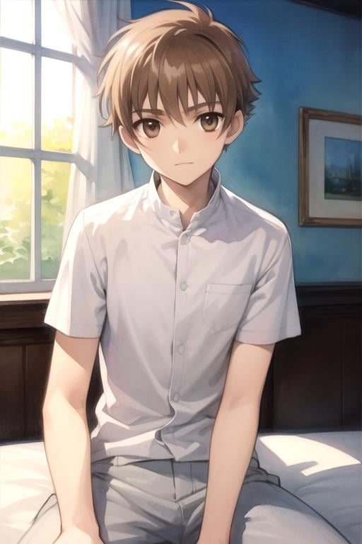 masterpiece, best quality, sketch, 1boy, solo, male focus, looking at viewer, , depth of field, (watercolor illustration, soft pastel colors:1.1), , <lora:syaoran_tsubasa_chronicle:0.66>, syaoran_tsubasa_chronicle, brown hair, brown eyes, mackintosh, , ,