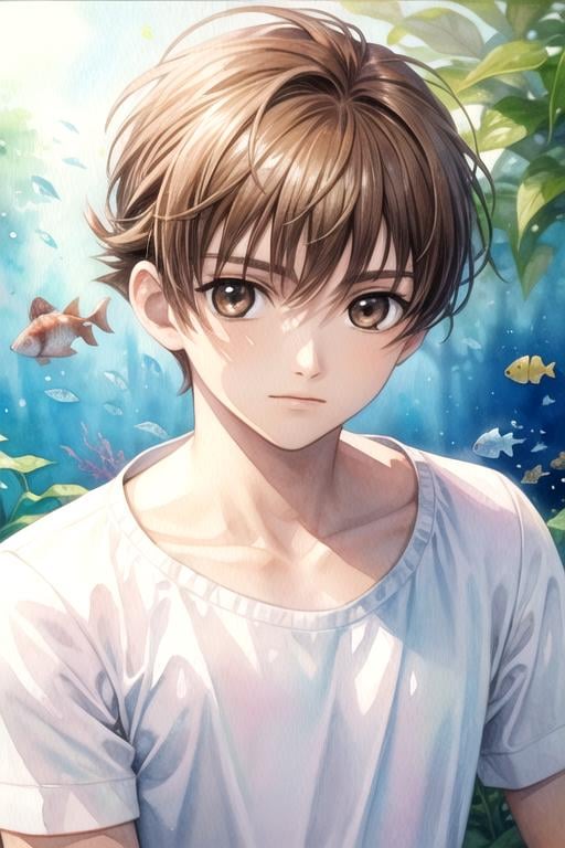 masterpiece, best quality, photorealistic, 1boy, solo, male focus, looking at viewer, upper body, , (watercolor illustration, soft pastel colors:1.1), realistic, <lora:syaoran_tsubasa_chronicle:0.66>, syaoran_tsubasa_chronicle, brown hair, brown eyes, , , aquarium,