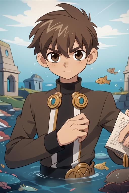 masterpiece, best quality, wallpaper, 1boy, solo, male focus, looking at viewer, upper body, depth of field, , realistic, <lora:syaoran_tsubasa_chronicle:0.72>, syaoran_tsubasa_chronicle, brown hair, brown eyes, long-sleeve shirt, , Atlantis: A lost city of great wisdom and power, now drowned beneath the sea,