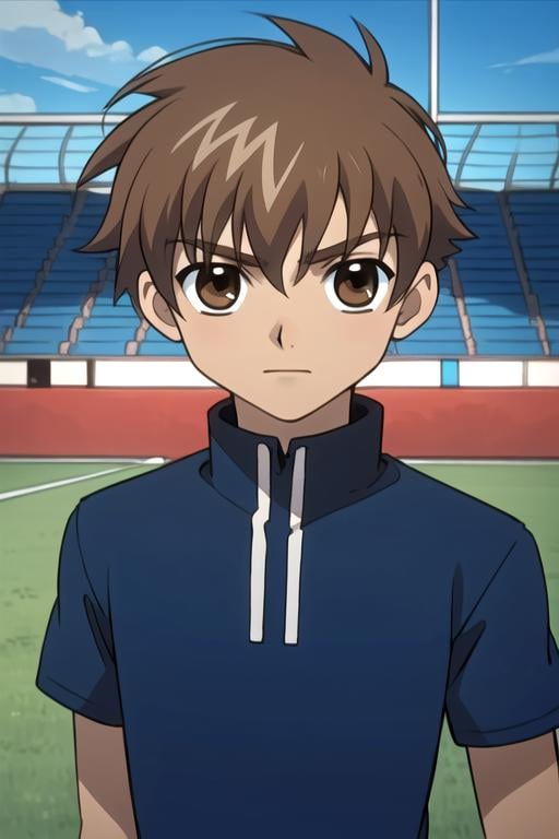 masterpiece, best quality, , 1boy, solo, male focus, looking at viewer, , depth of field, , , <lora:syaoran_tsubasa_chronicle:0.72>, syaoran_tsubasa_chronicle, brown hair, brown eyes, , soccer field, Blu-ray