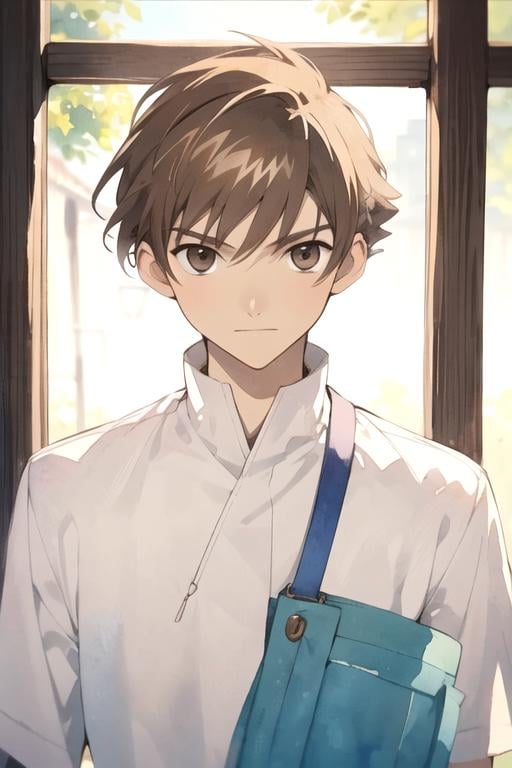 masterpiece, best quality, , 1boy, solo, male focus, looking at viewer, upper body, depth of field, (watercolor illustration, soft pastel colors:1.1), , <lora:syaoran_tsubasa_chronicle:0.68>, syaoran_tsubasa_chronicle, brown hair, brown eyes, , prison, 32k resolution