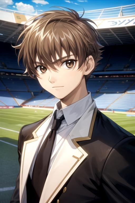 masterpiece, best quality, movie still, 1boy, solo, male focus, looking at viewer, upper body, depth of field, , realistic, <lora:syaoran_tsubasa_chronicle:0.70>, syaoran_tsubasa_chronicle, brown hair, brown eyes, businessman costume, stadium,