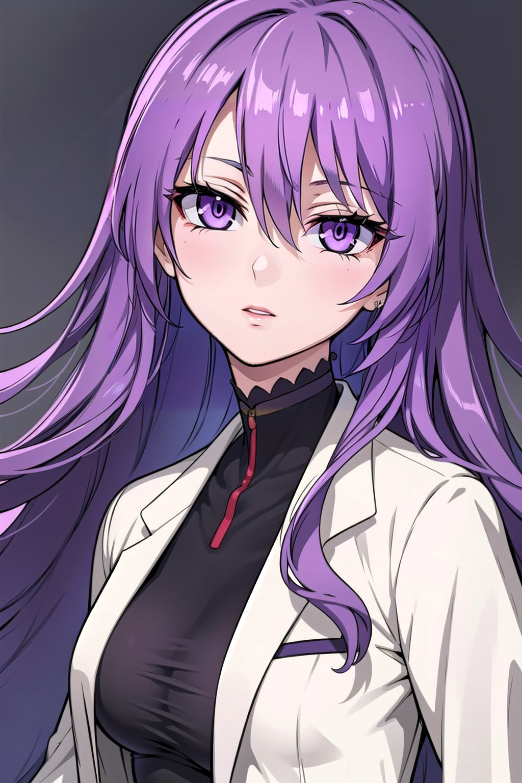 realistic, photo,1girl, masterpiece, best quality, ultra-detailed, illustration, beautiful detailed eyes, looking at viewer ,1girl, solo,(best quality),(masterpiece:1.1), upper body, looking_at_viewer, dynamic angle, labcoat, cute, clear facial skin, purple hair, purple eyes 