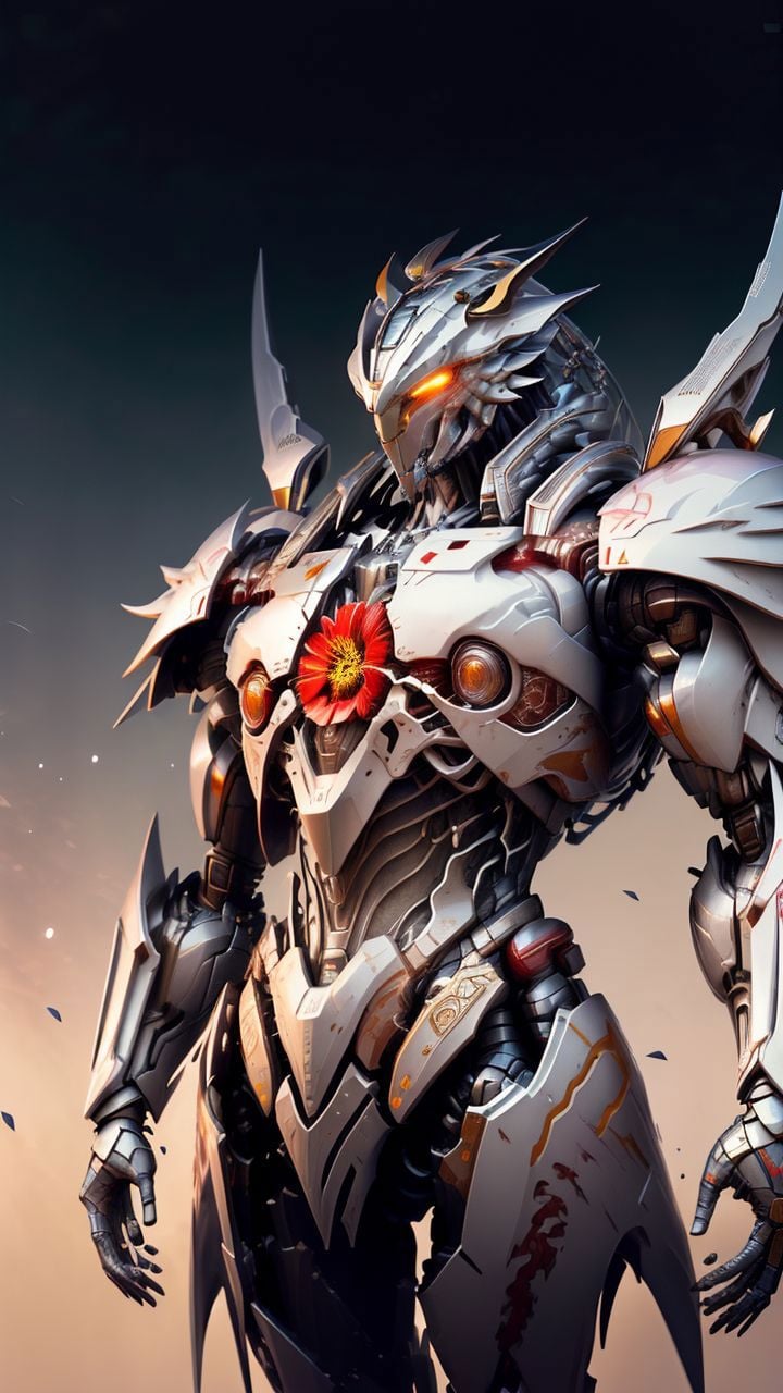 8k wallpaper,masterpiece,Cinematic Lighting,best quality,Illustration,dramatic angle,upper body,((mecha:1.4)),[(porcelain \(materials\),):0.7):1],robot,mecha,solo,no humans,standing,science fiction,gradient,redesign,gradient background,blue,flower,white,<lora:mechaMjstyle_v10:1>,
