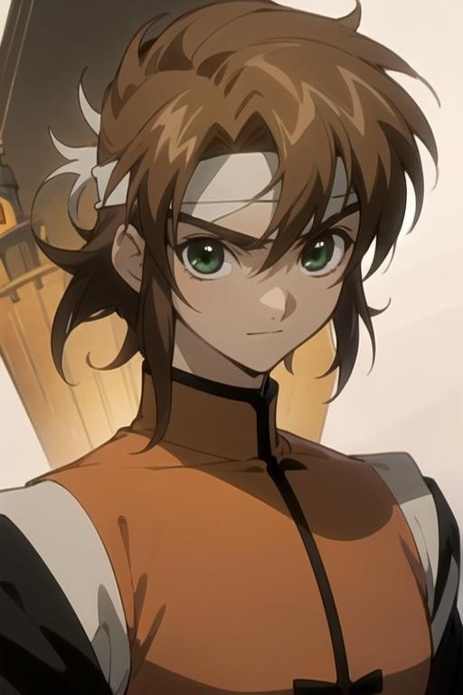 masterpiece, best quality, photorealistic, 1boy, solo, male focus, looking at viewer, , , anime coloring, realistic, <lora:ryuu-ou_tsubasa_chronicle:0.66>, ryuu-ou_tsubasa_chronicle, brown hair, green eyes, headband, clown costume, The Castle of Shadows, 4k resolution