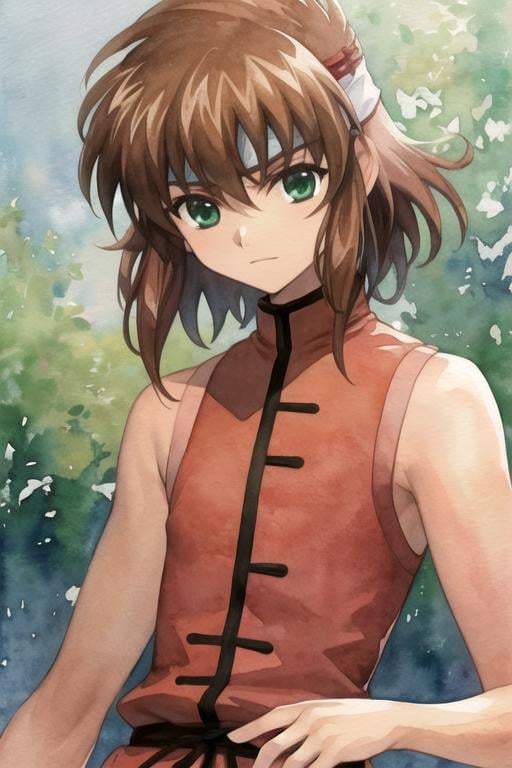 masterpiece, best quality, wallpaper, 1boy, solo, male focus, looking at viewer, , depth of field, (watercolor illustration, soft pastel colors:1.1), realistic, <lora:ryuu-ou_tsubasa_chronicle:0.70>, ryuu-ou_tsubasa_chronicle, brown hair, green eyes, headband, , , ,